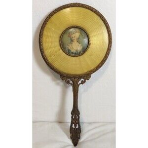 Antique Artist Beveled Hand Magnifying Mirror with Ornate Brass Designs -1920